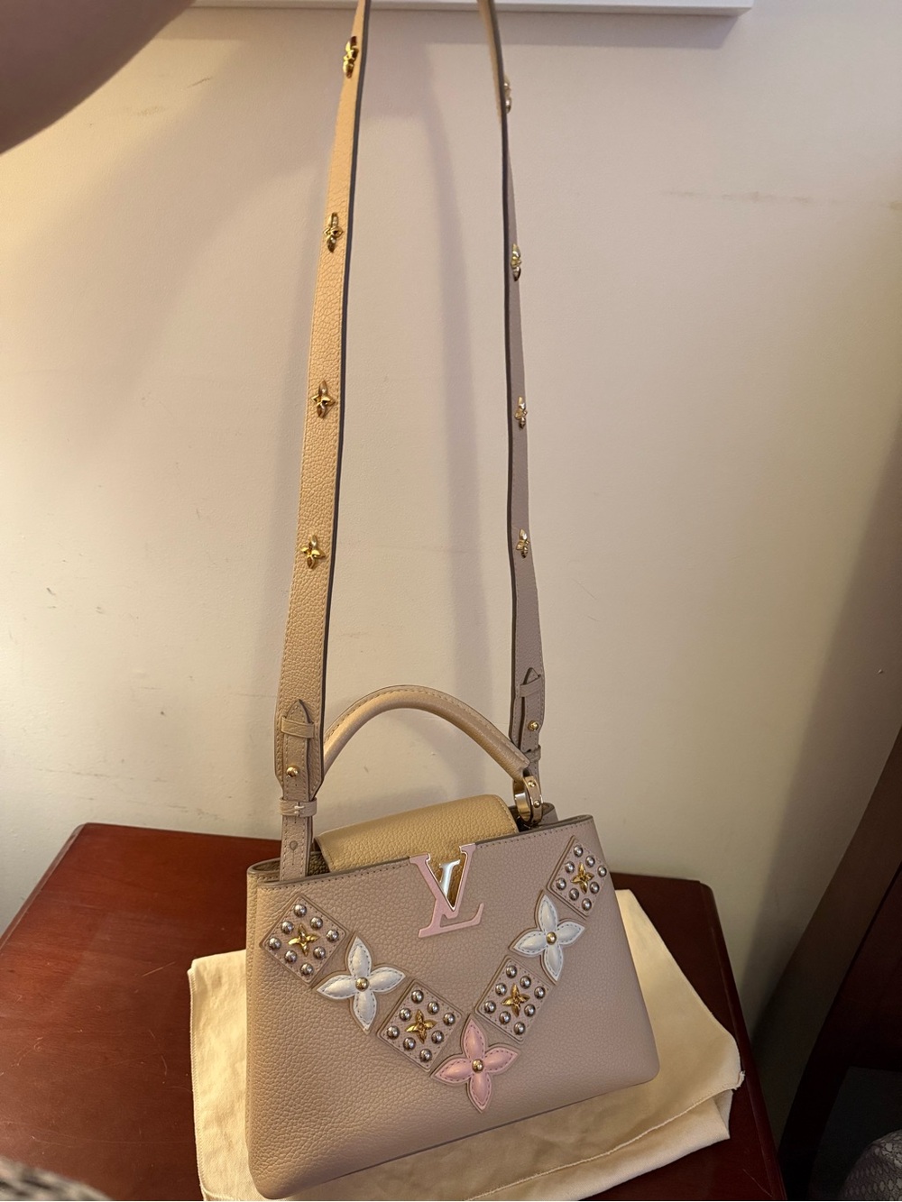 Louis Vuitton Beige Capucines Mini Satchel with Floral Stud Details - Picture 8 of 11